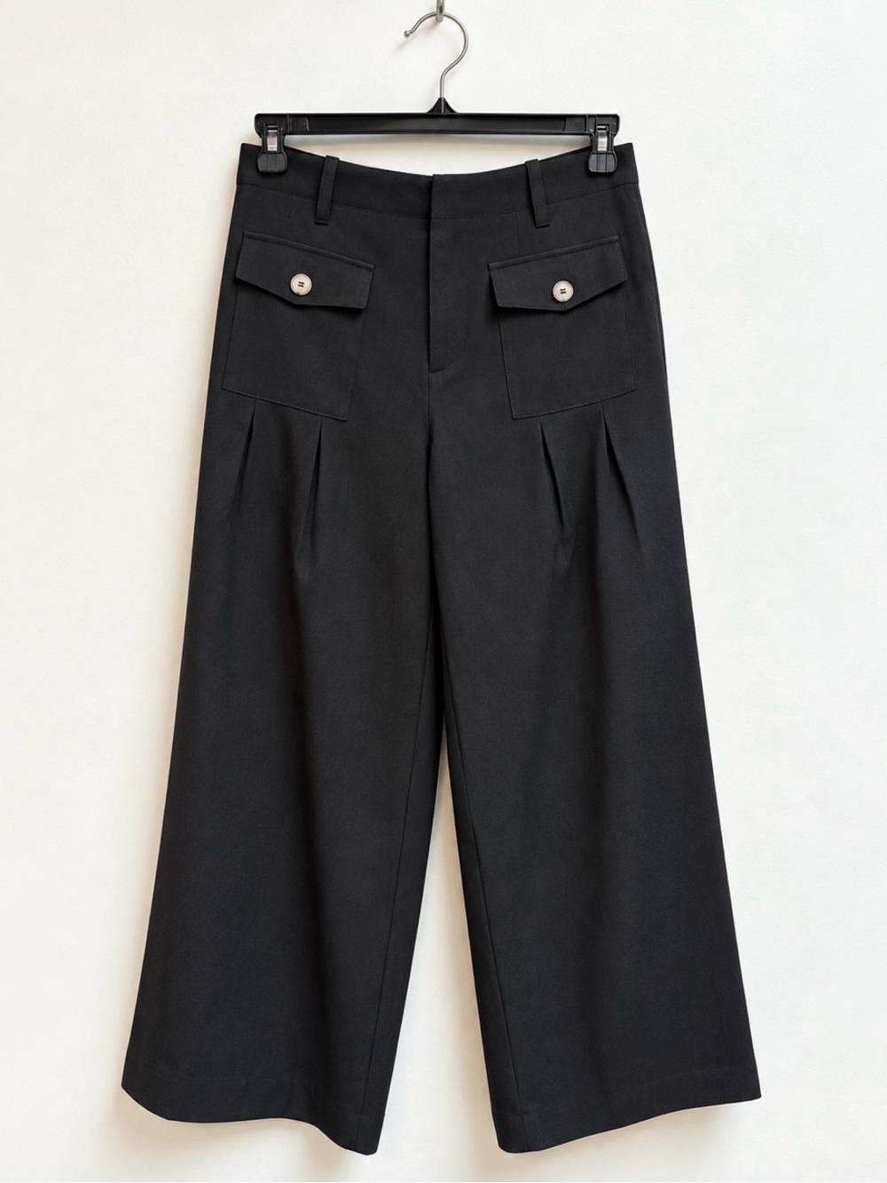 NWT Allegra K Black Solid Wide-Leg Pleated Pants Button Flap Pockets, S